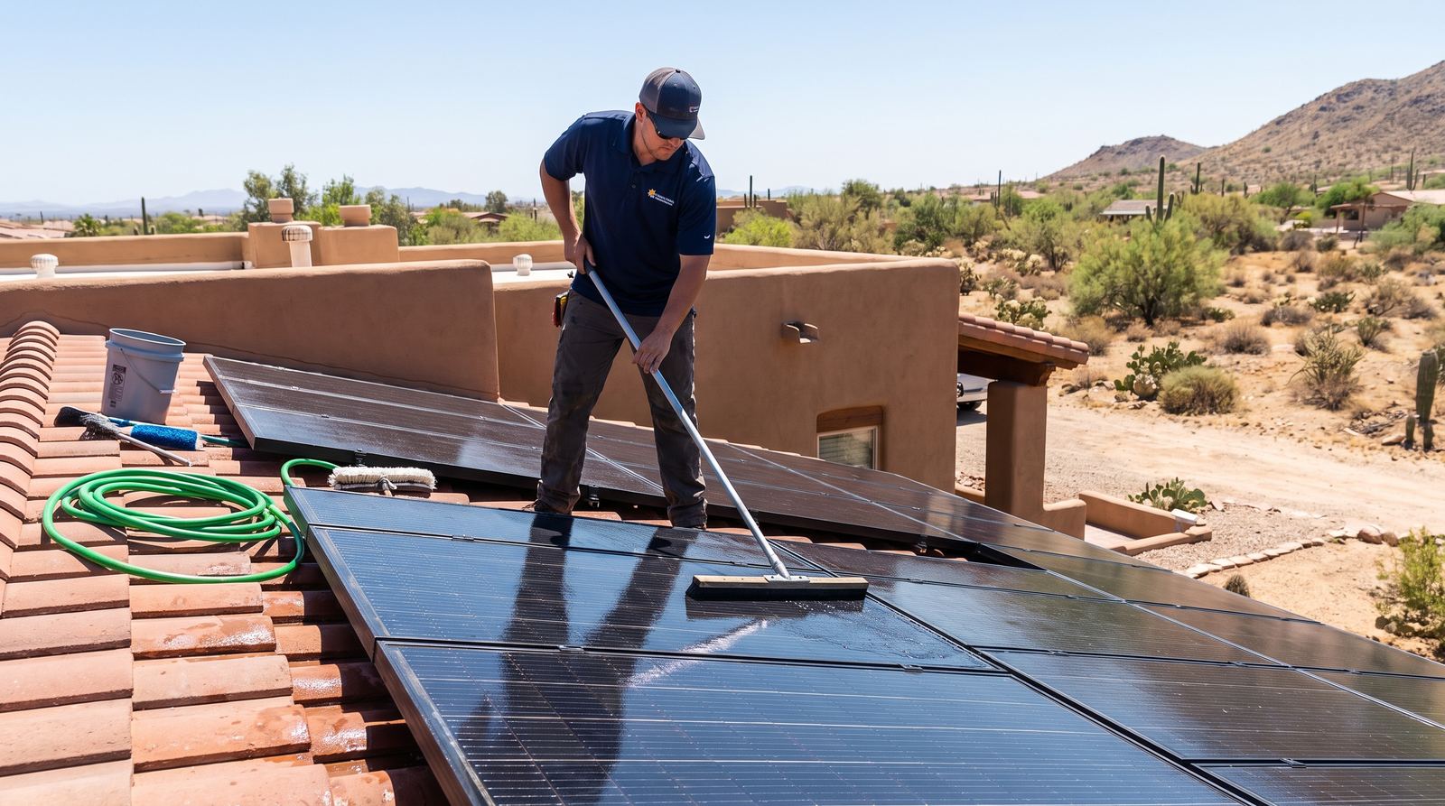 Technician cleaning solar panels with purified water